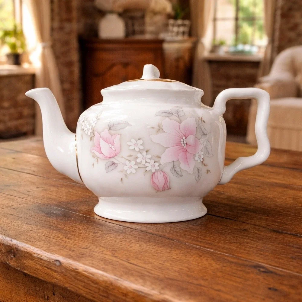 Arthur Wood England Porcelain Teapot Floral Design Gold Trim Vintage‎